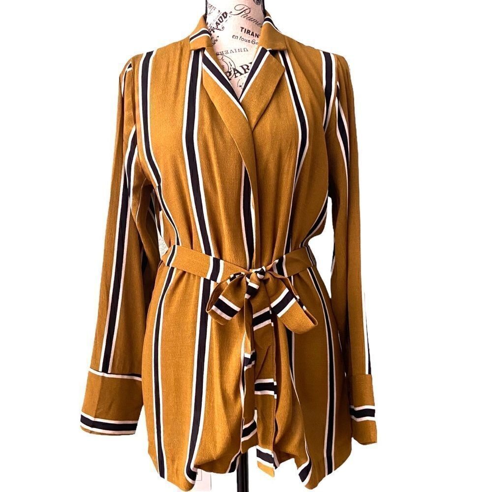 NWT Olivaceous Mustard Yellow Stripped Open Front Blazer with Tie Waist Size M